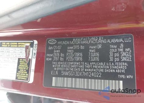 2007 Hyundai Santa Fe Gls from USA, damaged, VIN 5NMSG13DX7H124022